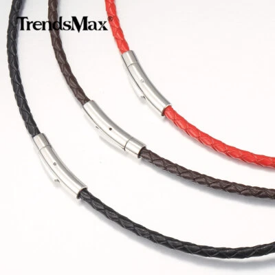 Collar de cuerda de cuero trenzado hecho por el hombre de 4 mm con bloqueo de empuje de acero inoxidable 16-30" Foto 1 de 4