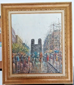 VINTAGE H.Mari, Paris Street Notra-Dame oil painting 32x27 framed - Picture 1 of 3