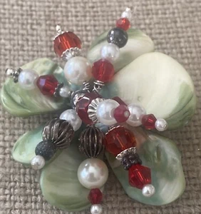 Handmade Brooch Pin, Christmas Ruby Red Crystals, Green Petals, Pearls Silver - Picture 1 of 6