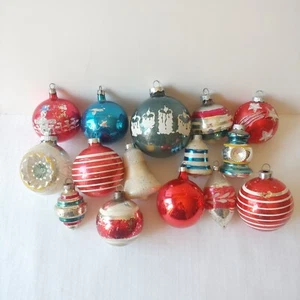 Vintage Christmas Glass Ball Ornaments Stencil Mica Striped Double Indent Lot - Picture 1 of 22