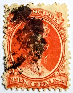 CANADA 1860 NOVA SCOTIA 10 CENTS QUEEN VICTORIA SCOTT #12 VERMILION USED F/VF - Picture 1 of 2