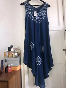 Vintage 80s embroidered Indian Blue Cotton Smock Dress Uk 12-14-16 hippy stevie - Picture 1 of 9