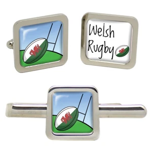 Walisische Rugby Quadratische Manschettenknöpfe Und Krawatte Clip Set - Picture 1 of 5