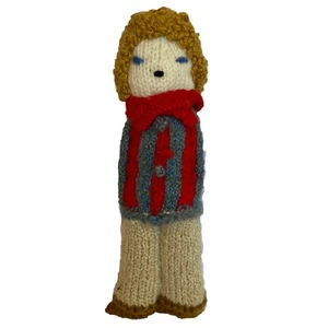 Vtg Creepy Haunted Doll 13” Handmade Crocheted Knitted Scarf Sweater Curly Hair - Picture 1 of 9