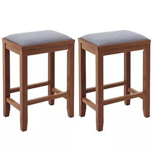 Set of 2 Upholstered Bar Stools Wooden Counter Height Dining Chairs Walnut - Picture 1 of 9