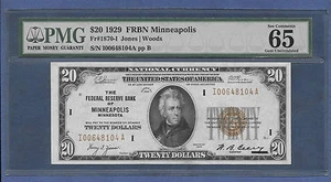 🇺🇸 1929 $20 FRBN ♚♚MINNEAPOLIS♚♚ PMG GEM UNC 65 EPQ - Picture 1 of 2