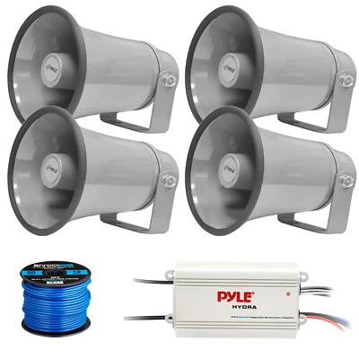 4x Pyle 8.1" 50W PA Horn Indoor/Outdoor Speakers, 4-Channel Amplifier W/Wire