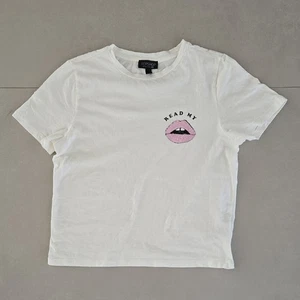 T-shirt bianca Topshop con grafica labbra paillettes rosa taglia 4 - Foto 1 di 4