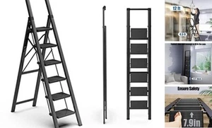 Leiter für 12 Meter hohe Decke, klappbarer Tritthocker mit Handgriff 6 Stufen schwarz - Bild 1 von 7