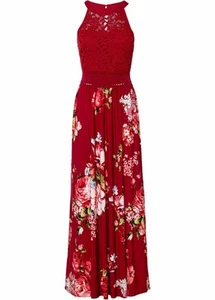 Maxikleid mit Blumen-Print und Spitze Gr 44 Rot Rosa Sommer-Kleid Ärmellos Neu* - Bild 1 von 1