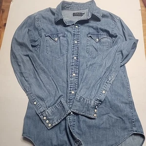 Polo Ralph Lauren Pearl Snap Shirt Medium Denim Long Sleeve Western Cowboy - Picture 1 of 9