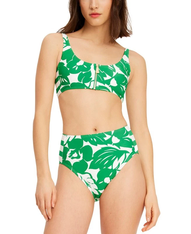 Kate Spade Women's Printed Zip-Front Bikini Top (Forest Green, Medium) - Image 1 of 3