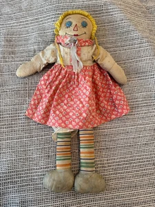 VINTAGE ANTIQUE RAG DOLL 21" - Old Blonde Blue Eyes Pink Dress Striped Socks - Picture 1 of 11