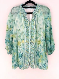 G.D.S. Blusa Talla 14 EE. UU. 10 Manga Larga Lino Estampado Pintura Acuarela Forrada Top - Imagen 1 de 11