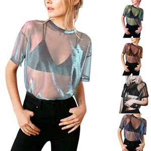 Elegant Women's See Through Mesh Top Shimmering Sheer Blouse Tee for Clubwear - Picture 1 of 16