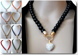 Perlenkette Herz Strass Paris Kette Halskette Anhänger Kristall Perlen Glas - Bild 1 von 35