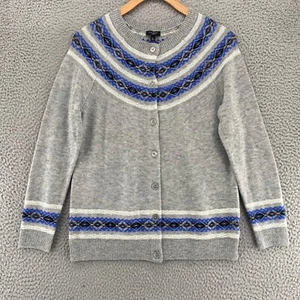 Talbots Sweater Women Medium Petite Gray Blue Fair Isle Lambswool Blend Cardigan - Picture 1 of 11
