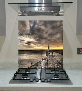 Spritzschutz Hartglas einzigartige Platte Küche Leuchtturm Meer Sonnenuntergang alle Größen - Bild 1 von 3