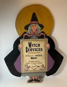 Halloween Wall Decoration CutOut Wood Painted Witch Moon Holding Sign 21.5” Tall - Picture 1 of 5