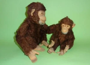 STEIFF GERMANY JOCKO MONKEY MUM & BABY w/ BUTTON MOHAIR GERMAN PLUSH TOYS 1940's - Picture 1 of 12