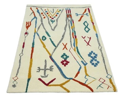 Wollteppich 120x180 Beige Bunt Berber Muster Marokko Stil Teppich Handgetuftet - Bild 1 von 4