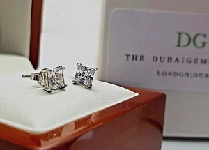 White Gold Finish Princess Cut 4 Claw Created Diamond Stud Earrings - Picture 1 of 3