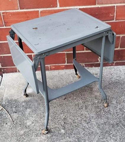 Vintage Metal Typewriter Table Stand Drop Leaf Rolling Industrial Gray Cover