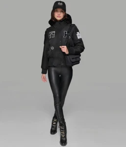 Karl Lagerfeld Paris Women's Patch Fur Hood Bomber Jacket, Style#LWQMP793,Size L - Picture 1 of 17