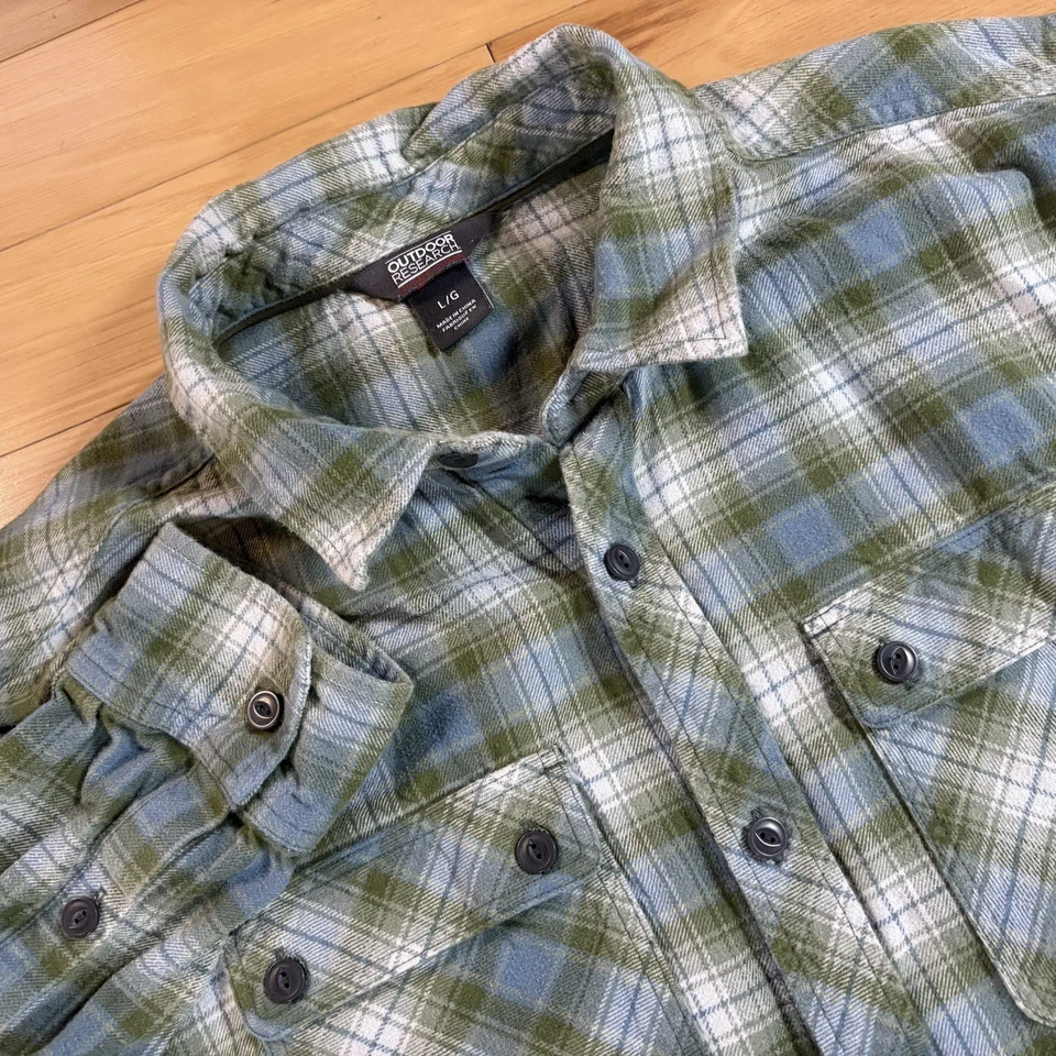 Outdoor Research Crony Flannel Button Up Shirt Mens Sz L Green Blue Plaid - Image 1 of 4