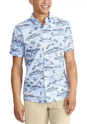 IZOD Dockside 男式纽扣衬衫夏威夷印花 Chambray 短袖 3XB 全新带标签 — 第 1/4 张图片