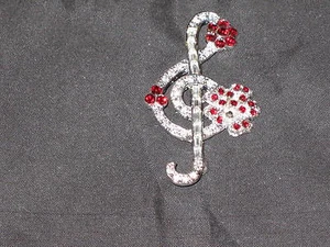 Treble Clef Music Note Flower Clear Red Rhinestone Jewelry Pin Brooch NEW! - Picture 1 of 1