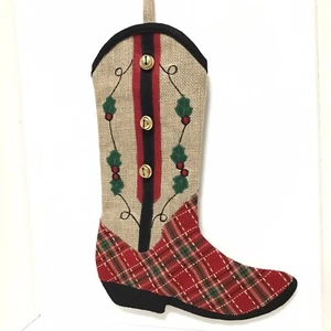 Cowboy Boot Christmas Stocking Burlap Red Plaid Holly Bells 16 1/2" Western - Picture 1 of 8