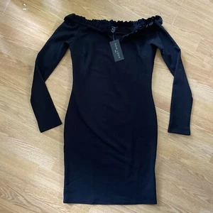 New Look Tall Frill Bardot Mini Bodycon Dress Black size 12 new with tags - Picture 1 of 7