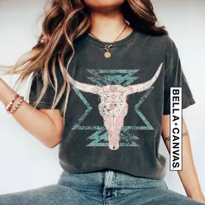 Boho Cow Skull, Western Graphic, Bull Skull,Country, Cowboy,Country Girl T-Shirt - Picture 1 of 7