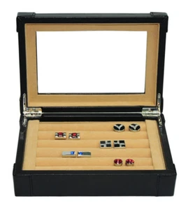 Quality Leather Glass Luxury Case Cufflinks Ring Tie clip Storage Display Box - Picture 1 of 5