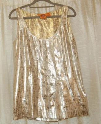 Tory Burch Silk Gold Tone Metallic Womens Shirt Top Size 8 Sleeveless Relaxed - Image 1 of 4