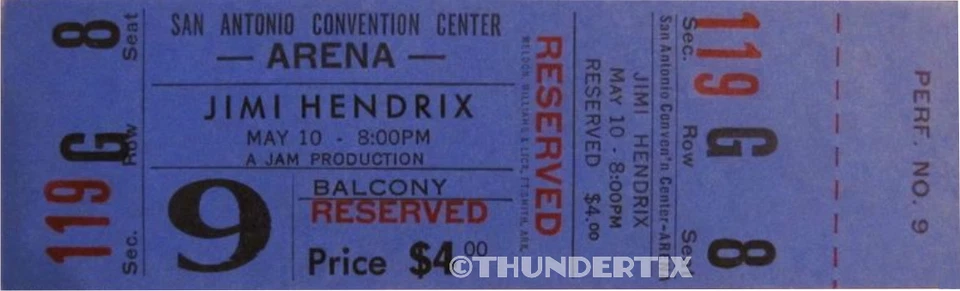1 1970 JIMI HENDRIX UNUSED FULL TICKET SAN ANTONIO TEXAS BLUE laminated reprint - Image 1 of 1