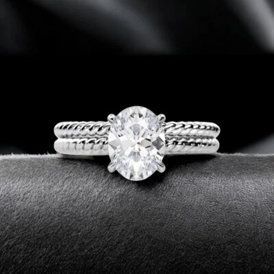 Conjunto de anel de casamento de platina diamante corte oval cultivado em laboratório 2,10 quilates IGI 6 7 - Imagem 1 de 4