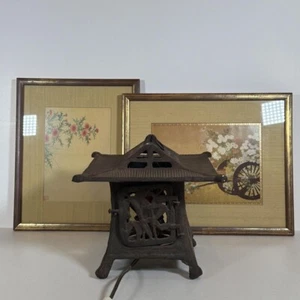Antique JAPANESE Cast Iron vintageLantern Table Lamp & Framed Paintings - Picture 1 of 23