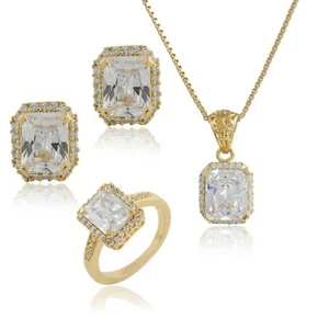 Women Gold Pendant Necklace Set Ring Earring Wedding Sets Cubic Zirconia Jewelry - Picture 1 of 5