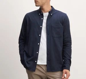 EVERLANE $88 Men's Long Sleeve Pique Shirt Collared Button Front navy blue Lg - Picture 1 of 6