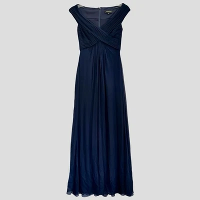 Tadashi Shoji Pleated Silk Dress Size 2 Off The Shoulder Blue Chiffon Gown NWT - Image 1 of 4
