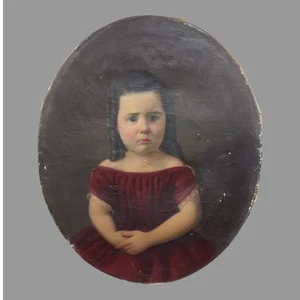 Primitive Antique Folk Art Victorian Oval Portrait Painting on Canvas Girl Curls - Picture 1 of 6