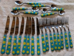 Cubiertos 22 piezas Cuchillo tenedor mango plástico inoxidable turquesa flores amarillas - Imagen 1 de 4