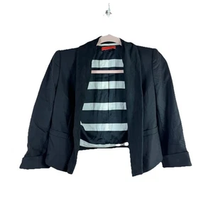 ALICE + OLIVIA womens size 2 black leather trim cropped 3/4 sleeve open blazer - Picture 1 of 4