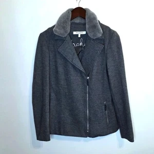Rani Arabella Gray Wool Cashmere Jacket Removable Faux Fur Collar Size Large - Picture 1 of 13