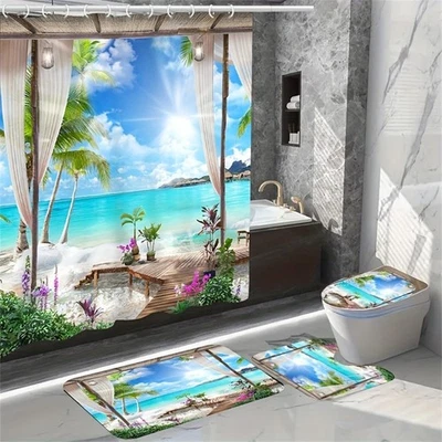 Juego de alfombras de baño antideslizantes cortina de ducha 3D sol playa flor inodoro tapa baño Foto 1 de 4