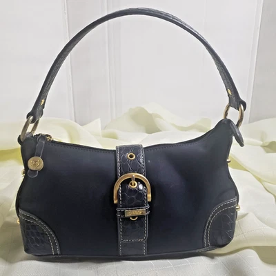 Mini bolso CHAPS de cuero con puntada en contraste - hebilla dorada azul marino vintage Foto 1 de 4