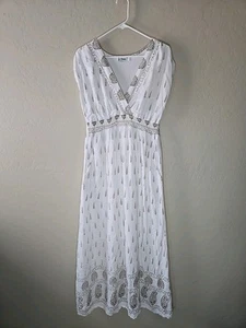 Lapogee Dress Women’s XL White Gold Paisley Smocked Boho V Neck Goddess Maxi - Picture 1 of 13