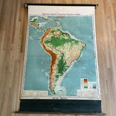 Denoyer Geppert South America Physical-Political Pull-Down Wall Map 1946 44x67 - Image 1 of 4